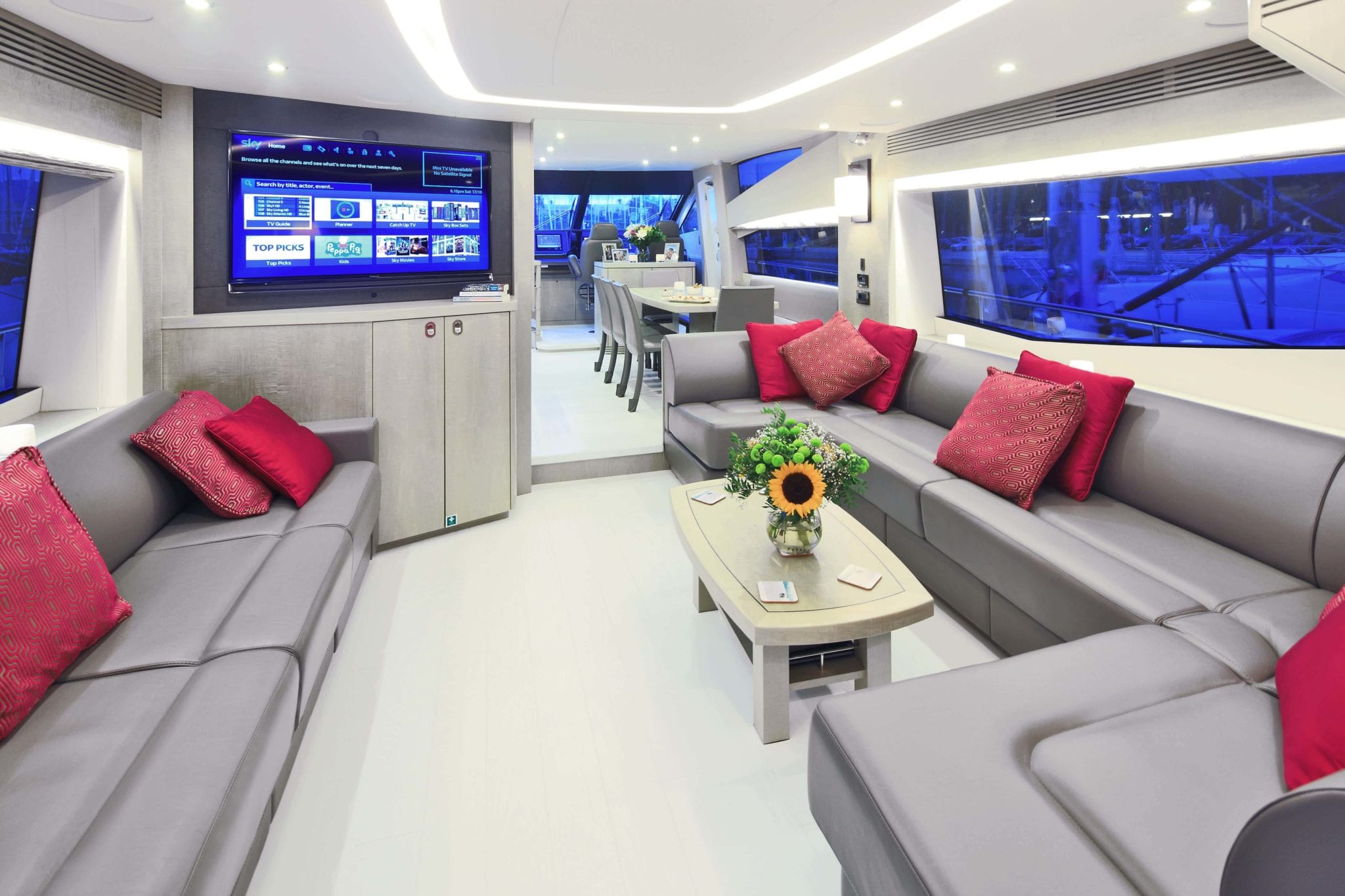 The Indoor lounge area inside the luxury sunseeker yacht.