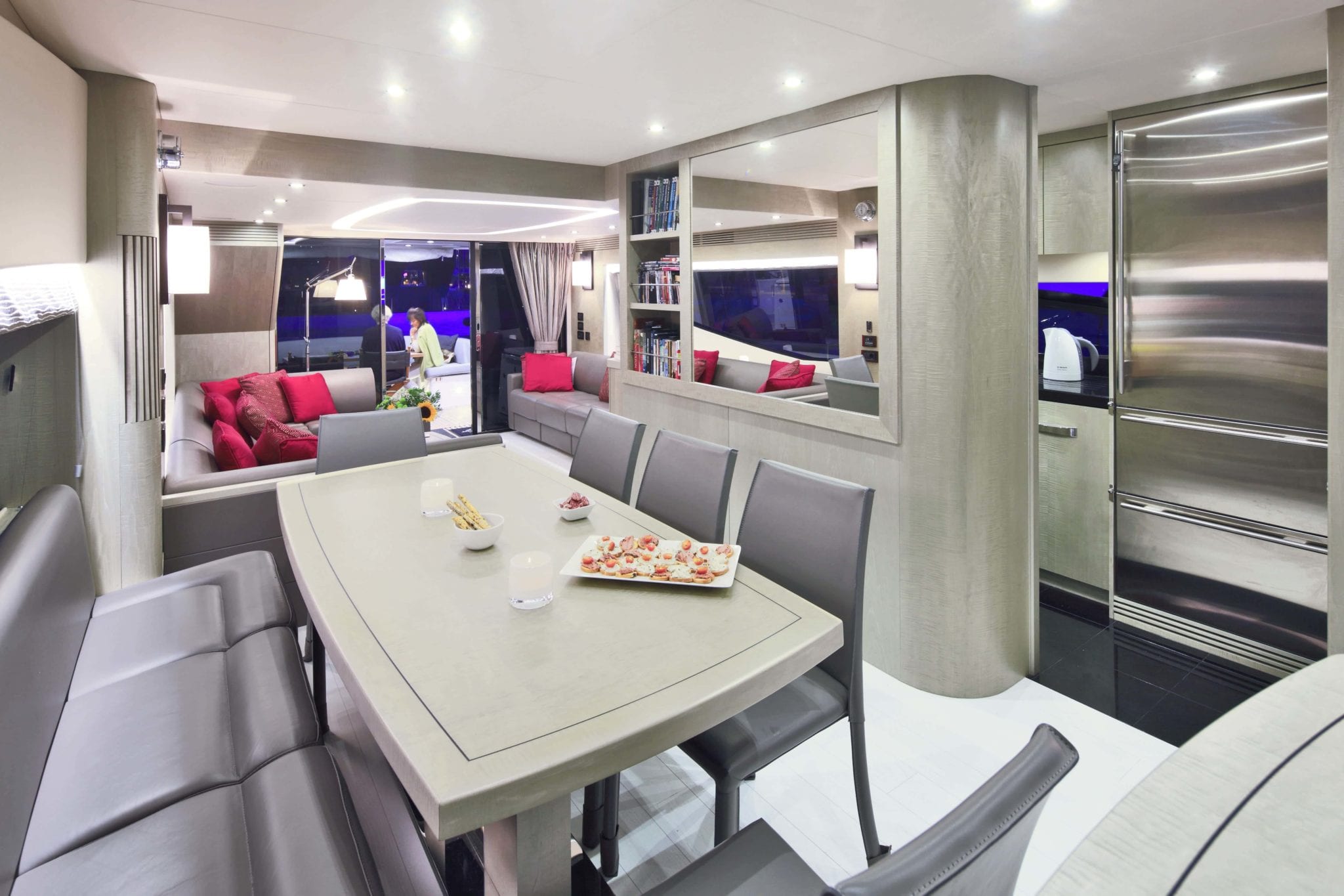 Explore the lounge and kitchen area here onboard the luxury sunseeker yacht.